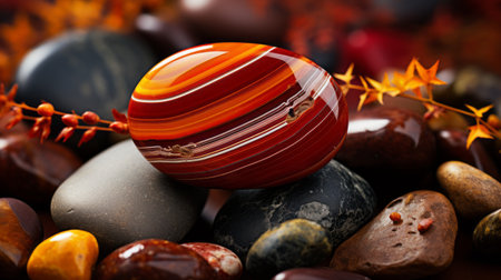 autumn stone wallpaper featuring a captivating collection of rendered stones in the style of cinema4d. the colorful moebius design and eye-catching resin jewelry create a striking contrast with the dark red and light orange hues. captured with a canon eos 5d mark iv, the painterly lines add a unique touch to this single object. ai generatedの素材