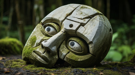 ancient face from the jungle captured in a rustic futurism style, featuring the wollensak 127mm f47 ektar lens. this ultra-high-definition image showcases the mechanical realism of stone sculptures, while incorporating elements of maori art. the playful use of surrealism adds an intriguing touch to this captivating photo. ai generatedの素材