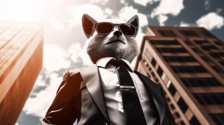a rogue businessman, donning sunglasses, stands out amidst a surreal world of animal-human hybrids and photorealistic cityscapes. this captivating image, reminiscent of sketchfab creations, showcases the stark and unfiltered beauty of the fusion between animals and people. softbox lighting adds depth and intensity, making this photo an inspirational masterpiece. ai generatedの素材