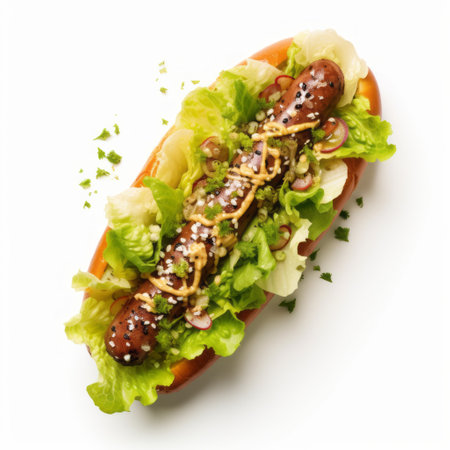a hot dog with lettuce, inspired by japonisme, captured in a high-quality photo by frieke janssens and marcin sobas. the meticulous design showcases the vibrant green and brown colors, while the iso 200 setting enhances the visual appeal. ai generatedの素材