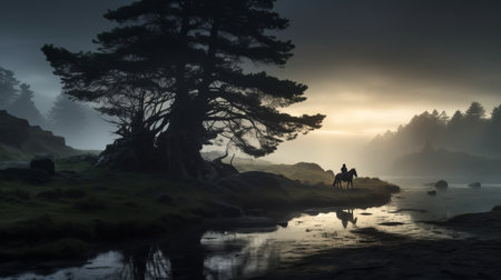 a couple walks along the river at sunrise, surrounded by the atmospheric woodland imagery of a traditional british landscape. this uhd image captures the dark and moody tones reminiscent of the blue rider style, while also evoking mythological narratives. this associated press photo showcases the beauty and tranquility of nature in a captivating way. ai generatedの素材