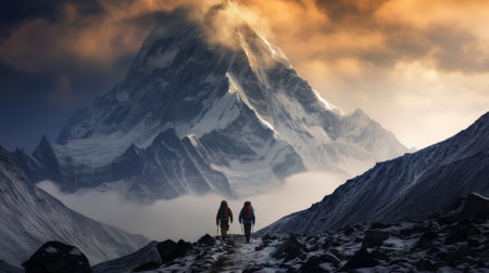 two hikers trek through a snowy path near a majestic mountain, reminiscent of himalayan art. the photo captures the dramatic lighting and poignant symbolism, showcasing the beauty of nature. shot with a zeiss batis 18mm f2.8 lens, the image showcases photo-realistic techniques, with layered and atmospheric landscapes. this captivating photo has won a contest for its stunning composition. ai generatedの素材
