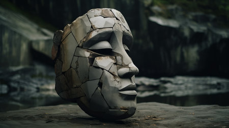 a rock face sculpture depicting a wolf howling at the moon. this cubist-inspired artwork captures a fragmented reality with a low depth of field, creating a moody and atmospheric ambiance. the sculpture features ritualistic masks and realistic depictions of the human form. with its rustic futurism aesthetic, this piece is showcased in stunning 8k resolution. ai generatedの素材
