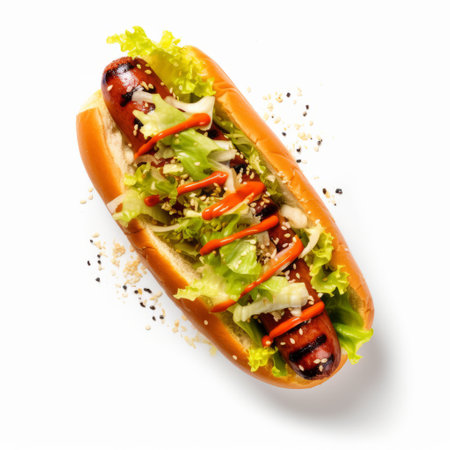 a close-up photograph of a hot dog with a bun, topped with lettuce and cabbage. the composition combines natural and man-made elements, with a play of light and color. the image features a tilt-shift effect, creating a unique perspective. the high-key lighting enhances the vibrant colors, while the dotted and ink-washed details add an artistic touch. this uhd image captures the deliciousness of a classicの素材