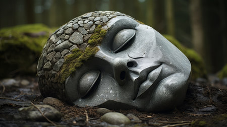 a statue rests on top of rocks inside a forest, showcasing a unique blend of psychedelic portraits, photorealistic detail, and ritualistic masks. this neo-concrete art piece is a stunning example of contemporary canadian art, captured in a high-definition image that beautifully highlights the intricate carving. ai generatedの素材