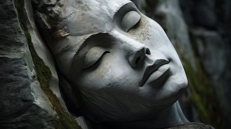 stone statue with moss-covered eyes on a wall, showcasing powerful and emotive portraiture. captured with a canon eos 5d mark iv, the image highlights the intricate facial features and shallow depth of field. the ambient occlusion adds depth to the transcendental dreaming, reminiscent of buddhist art and architecture. ai generatedの素材