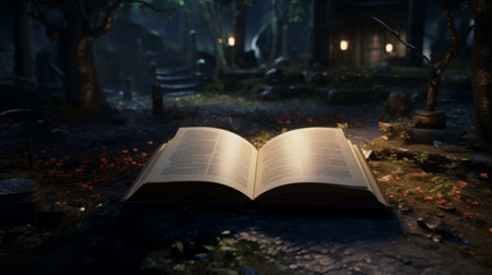 open book in the dark illuminated by a shining light, featuring detailed foliage and rendered in the style of unreal engine. the artwork, inspired by akihiko yoshida and magali villeneuve, captures an eerily realistic atmosphere reminiscent of salvator rosa's villagecore. ai generatedの素材