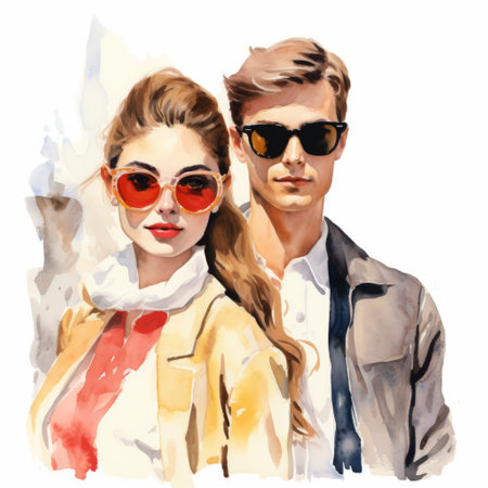 young couple in sunglasses and clothing watercolor painting stock vector illustration. the artwork, inspired by the style of ryan hewett, features a light amber and red color palette. the painting is precise and lifelike, with a high resolution that showcases the classic portraiture. this street pop artwork captures the handsome essence of the couple. ai generatedの素材