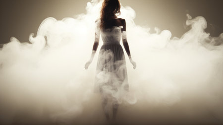 young elegant blonde woman in a white dress, surrounded by smoke, creates a ghosting effect in this surreal and dreamlike photograph. the silhouette lighting enhances the ethereal atmosphere, while the strong contrast between light and dark adds depth. with muted tones and a touch of surrealism, this uhd image captures a national geographic-worthy moment. ai generatedの素材