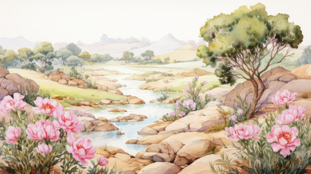 watercolor image of a lake landscape featuring pink flowers, reminiscent of crystalline and geological forms. this artwork, created by adonna khare, showcases the beauty of nature with delicate renderings. the uhd image captures the essence of gu hongzhong's southern countryside and emilia wilk's skillfully crafted landscapes. ai generatedの素材