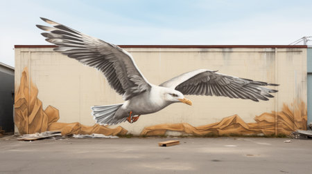 a large photorealistic rendering of a flying seagull, painted with spray paint on the side of a building. the artwork showcases textural realism and forced perspective, capturing the lively movement of the seagull. this grocery art piece is created in 8k resolution, providing a stunning level of detail. ai generatedの素材