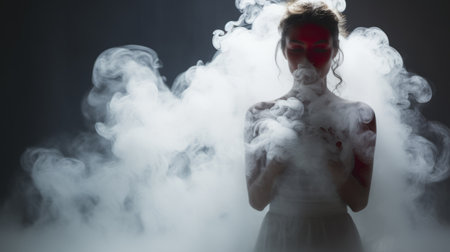 a woman with smoke in her hair poses in a studio room against a black background, reminiscent of ritualistic masks. the image features a combination of light white and light crimson tones, drawing inspiration from japanese imagery. the ethereal urban scenes and selective focus create a neo-concrete art style, while a ghostly presence adds an intriguing element to the composition. ai generatedの素材