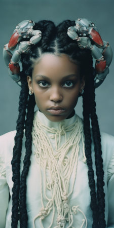 willow williams showcases a stunning afrofuturism-inspired look with her beautiful wavy hair. the style draws inspiration from international gothic and is captured using the kodak portra technique. the photograph emphasizes the joints and connections, with a color palette of dark white and cyan. traditional craftsmanship is evident, complemented by touches of light yellow and red. ai generatedの素材