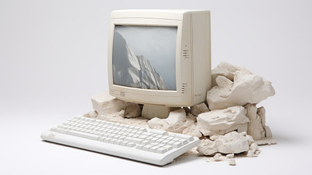 a big white desktop computer, designed to resemble weathered materials, showcases a photorealist aesthetic. the stone-like appearance adds a unique touch to this deconstructed object. the photo, captured using ektachrome film, exudes a ps1 graphics vibe, while also embracing the precisionism movement. ai generatedの素材