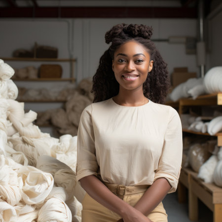 a sassy young woman poses confidently amidst piles of linen, showcasing the eco-friendly craftsmanship and black arts movement influences. the scene also reflects the use of computer-aided manufacturing techniques. her style embodies elements of smilecore and object portraiture, while the ivory and natural fibers add a touch of elegance to the overall aesthetic. ai generatedの素材