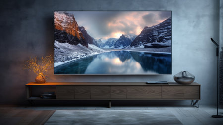a large living room with a tv hanging on the wall, featuring a dark sky-blue and dark aquamarine color scheme. the room is adorned with naturalistic landscape backgrounds, capturing the beauty of northern china's terrain. the photo is taken using fujifilm eterna vivid 500t film, resulting in light aquamarine and light amber tones. the image showcases fine lines and intricate details, with a focus onの素材