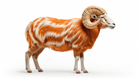 a white ram stands against a white background, showcasing dark orange and dark emerald accents. this absurdist installation, captured in a lifelike rendering, resembles the artistic style of the western zhou dynasty. the intricate nature-based patterns on the ram's body add to the visual appeal of this uhd image, reminiscent of national geographic photography. ai generatedの素材