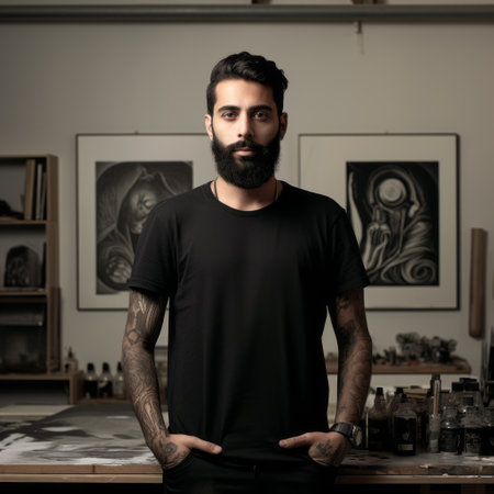 a bearded man stands in front of black-covered tables and drawers filled with papers, showcasing classic tattoo motifs. joo artur da silva, an object portraiture specialist, captures portraits with soft lighting, using techniques like chalk and charcoal printing. ai generatedの素材