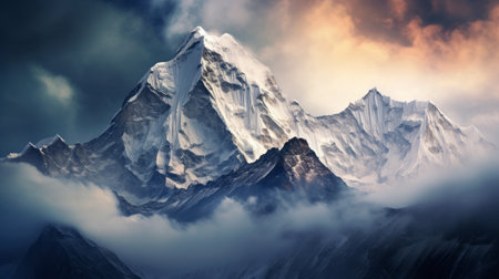 mountains with clouds in the sky, captured in the style of max rive, showcase the influence of hindu art and architecture. the simplicity of the scene is enhanced by the monochromatic color palettes, featuring dark white and light orange hues. this captivating photograph, reminiscent of mike campau's multi-layered compositions, was skillfully captured using a manual focus lens. ai generatedの素材