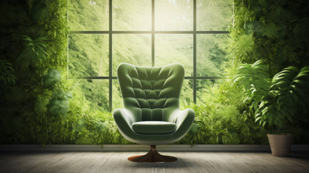 a green chair positioned amidst lush foliage, bathed in natural light, reminiscent of the futuristic aesthetics of windows vista. the uhd image showcases the chair's luxurious interior, blending seamlessly with the soft and dreamy atmosphere of the surrounding landscape. ai generatedの素材