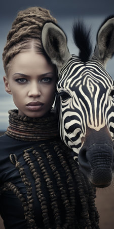 a woman stands confidently beside a zebra, showcasing a unique blend of masculine and feminine elements. the photograph, captured by signe vilstrup, features a sharp focus that highlights the african influence. the wide lens captures the layered patterns and the distinctive noses of both the woman and the zebra, creating a visually captivating image. ai generatedの素材