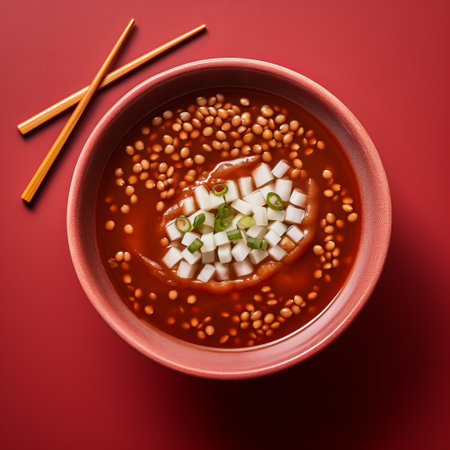 a bowl of soup with noodles and chopsticks, captured in a pointillist style by artists john wilhelm and caras ionut. the image features a vibrant red color palette, giving it a pseudo-infrared effect. the use of kodak portra film enhances the details created by the pointillist technique, with tiny dots forming the overall composition. ai generatedの素材