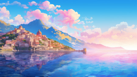 a watercolor painting of a dreamlike cityscape in the mediterranean, featuring a place immersed in water. this pixelart-style artwork showcases richly detailed backgrounds with vibrant colors, creating an ethereal atmosphere. the uhd image captures the beauty of the mediterranean landscapes, while the painting's focus on water and cloudscapes adds a touch of enchantment. ai generatedの素材