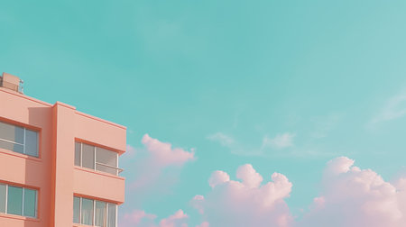 the pink building stands out against the offwhite and white background, showcasing an anime aesthetic with its light turquoise and dark sky-blue color scheme. the minimal retouching enhances its art deco sensibilities, while the atmospheric clouds add to the overall ambiance. this vibrant tabletop photography captures a unique and visually appealing scene. ai generatedの素材