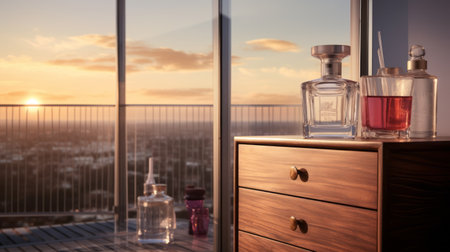 a liquor vase with bottles, featuring a photorealistic cityscape style. the image captures a soft and dreamy atmosphere, enhanced by vray tracing. the vase is set against the beautiful backdrop of suffolk coast views, creating a unique editorial illustration. this stunning high-angle shot showcases the elegance of the georg jensen design. ai generatedの素材