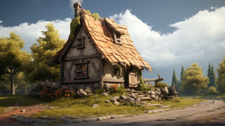a small cottage, inspired by medieval architecture, is situated next to a scenic road in a vibrant landscape. the artwork, created in the style of zbrush, features cartoony characters and hyperrealistic details. this 32k uhd image showcases the artist's skill in creating realistic depictions, reminiscent of the works of jessie arms botke. ai generatedの素材