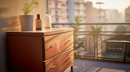a wooden dresser in black, brown, white, and red hues is placed next to a window, basking in the golden light. this drugcore-inspired piece captures the essence of seaside vistas, shot on 70mm film for a hyper-realistic effect. the warm tones of orange and amber add a touch of commercial imagery to this captivating photo. ai generatedの素材