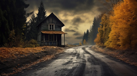 a house stands on a country road, surrounded by the mysterious allure of dark woods. the distressed materials and foreboding colors create a captivating atmosphere in this national geographic photo. the richly detailed backgrounds showcase the intricate beauty of the dark beige and orange hues. the highly detailed environments exude a cabincore aesthetic, inviting viewers into a world of rustic charm and natural enchantment. aiの素材