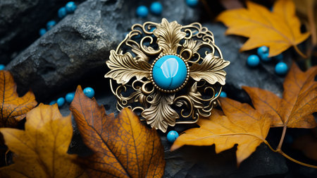 a stunning turquoise jewelry piece is showcased against a backdrop of autumn leaves, exuding the intricate and decorative style of art nouveau. the baroque dramatic lighting adds a touch of elegance to the dark gold accents, reminiscent of historical reproductions. this photorealistic pastiche captures an eye-catching composition, resulting in a mesmerizing uhd image. ai generatedの素材