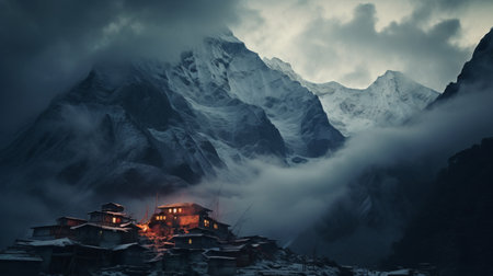 a village nestled in the mountains, surrounded by a serene lake, under a dark and cloudy sky. this captivating photo, reminiscent of the style of jessica rossier, himalayan art, and national geographic, showcases the breathtaking beauty of nature. with elements of realism and a stunning 32k uhd resolution, it evokes the works of even mehl amundsen and martin stranka. ai generatedの素材
