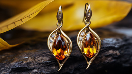 golden earring adorned with vibrant orange citrine crystals, captured in a realistic still life composition with dramatic lighting. this luxurious accessory, photographed with a nikon d850, showcases a captivating blend of dark yellow and dark white hues. its fine lines and delicate curves exude a stylish appeal, while incorporating native australian motifs. ai generatedの素材