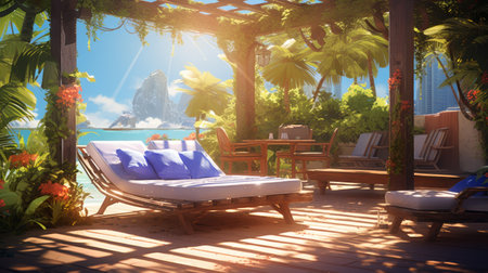 two white chairs and a table are set up on a sandy beach, creating a serene and exotic atmosphere. this scene, reminiscent of fantasy landscapes, is captured using vray tracing technique by the talented artist steve henderson. the colorful animation stills showcase a mysterious jungle backdrop with realistic blue skies, evoking a sense of cabincore aesthetic. ai generatedの素材