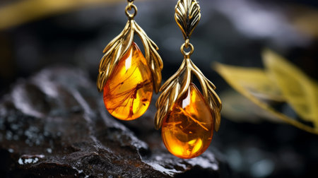 baltic amber drop earrings, rendered in cinema4d, showcase nature-inspired imagery. these high detailed, realistic still lifes feature dramatic lighting, capturing the essence of exotic flora and fauna. the high quality photo highlights the golden light, enhancing the allure of these stunning earrings. ai generatedの素材