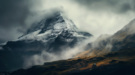 cloudy landscape with mountains and a dramatic sky. this wallpaper, in the style of olivier valsecchi, captures the essence of himalayan art. taken with a nikon d750, the photo showcases a dark and gritty subject matter, reminiscent of swiss style. the grandiose composition by marcin sobas adds depth and intensity to the image. ai generatedの素材