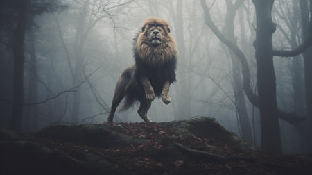 lions of the forest - a captivating full hd wallpaper art for desktop featuring majestic lions in the style of gabriel isak and dimitry roulland. this intense movement expression is beautifully captured with a nikon d750 and sony alpha a7 iii, using the topcor 58mm f/1.4 lens. inspired by the works of theodor kittelsen. ai generatedの素材