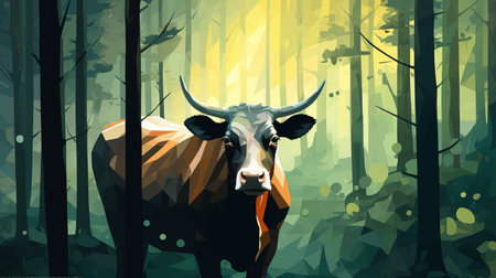 a cow, in the style of geometric cubism, walks through the forest in a hyper-realistic animal illustration. the 32k uhd resolution and xbox 360 graphics enhance the visual experience, while color gradients add depth to the artwork. the raw vulnerability of the cow is captured in this environmental portrait, showcasing the beauty of nature. ai generatedの素材