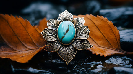 the tassel ring in turquoise stands out against a black autumn background. its design showcases highly detailed foliage and metalworking mastery. with selective focus, the ring captures the essence of light brown and turquoise colors. the intricate leaf patterns, flower motifs, and nature-inspired elements add a touch of mythological symbolism to this stunning piece. ai generatedの素材