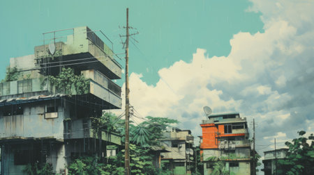 modern city towers rise on the horizon, creating a striking contrast against the mountain backdrop. this photograph captures the essence of richly detailed genre paintings, with its layered street scenes and tropical landscapes. the tanbi kei style is evident in the dark green and sky-blue hues, while rusty debris adds a touch of authenticity. an environmental portraiture that merges urban and natural elements seamlessly. aiの素材
