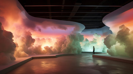 a man explores a museum exhibit featuring cloud-shaped glass panels. the dreamlike hues and stage-like environments, reimagined by industrial light and magic, create a mesmerizing experience. the large-scale canvases and minimalist stage designs enhance the ethereal cloudscapes, offering a panoramic view of this captivating installation. ai generatedの素材