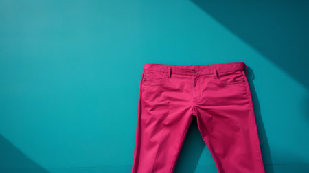 pink lights pants hanging on a turquoise wall, creating a vibrant contrast of colors. the matte photo style enhances the exaggerated proportions of the pants, giving them a smooth and shiny appearance. this visually striking image captures a masculine vibe with its use of primary colors. it represents everyday life with an ambitious twist. ai generatedの素材