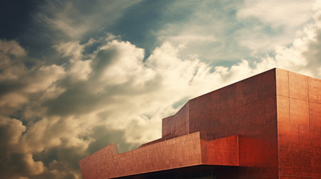 the photo showcases a stunning background with surreal architectural landscapes and tonalist skies. captured with the tokina opera 50mm f14 ff lens, the image highlights the beauty of postmodern architecture and design. the color palette of red and bronze adds a captivating touch. the composition, taken from an extreme angle, is reminiscent of the works of maximilian pirner. ai generatedの素材