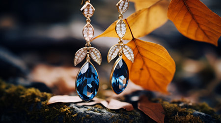 cluster of black and blue crystal earrings showcased against a backdrop of trees. this realistic still life photograph captures the dramatic lighting, enhancing the elegance of the light gold and amber hues. the uhd image showcases the intricate details of the earrings, complementing the classical elegance of the elegant clothing. the combination of light indigo and white adds a touch of sophistication to the gemstoneの素材