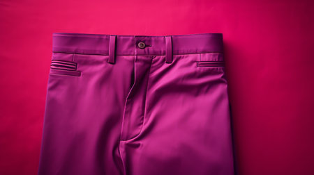 vintage denim pant made of purple synthetic fabric on a dark background. the pant has a bold and vibrant style with a glossy finish. it features shades of dark pink and light magenta, creating a monochromatic composition. the photograph is captured using kodak portra film, adding a touch of nostalgia. the overall look is masculine, with a smooth and polished appearance. ai generatedの素材