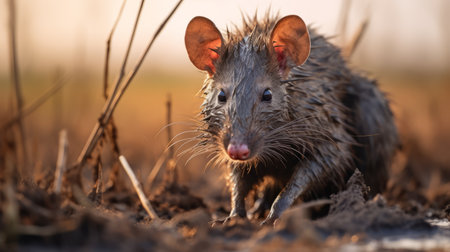 a close-up photo captured by matthias haker in the style of national geographic, showcasing the intensity of a water rat during droughts. the explosive wildlife is playfully depicted in this dark and captivating image. with vray tracing, the spiky mounds surrounding the rat add an intriguing element to the composition. ai generatedの素材
