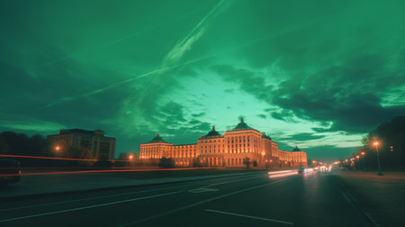 a green building with lights on the corner, showcasing the distinct style of soviet lens photography. the richly colored skies and neoclassical scenes create a captivating visual. this uhd image captures the beauty of terraced cityscapes, reminiscent of pinhole photography. the light magenta and light amber tones add a unique touch to the overall composition. ai generatedの素材