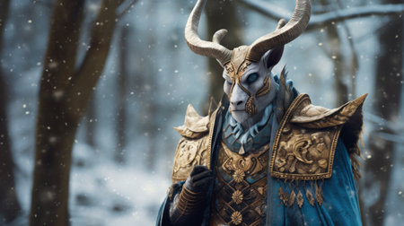 a warrior with horns stands in a forest, adorned in exquisite clothing. the photo showcases a light azure and gold color scheme, enhanced by vray tracing. the scene is set in a snowy landscape, highlighting the detailed textures and facial features of the warrior. the steinheil quinon 55mm f19 lens captures every intricate detail. ai generatedの素材